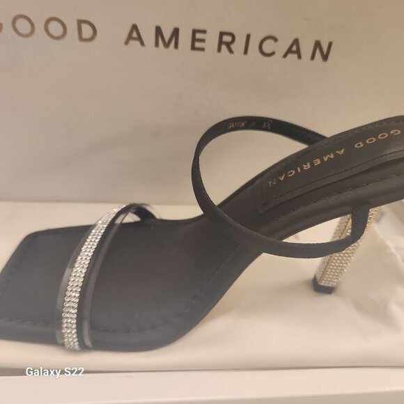 Good American Black Satin and Gold Rhinestone Square Toe Heels GA115K-X Size 5.5 - Picture 6 of 10